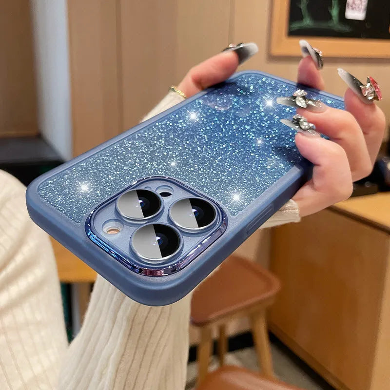 Ultra-thin transparent glitter gradient iPhone case with magnetic suction on a phone.
