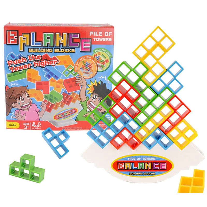 Plastic balance stacking board game with 16 colourful blocks on a chassis and base