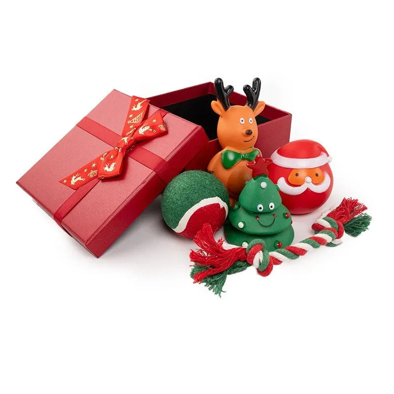 Christmas vinyl dog toy gift sets with barbells, balls, Santa heads, and deer figures for medium and large breeds