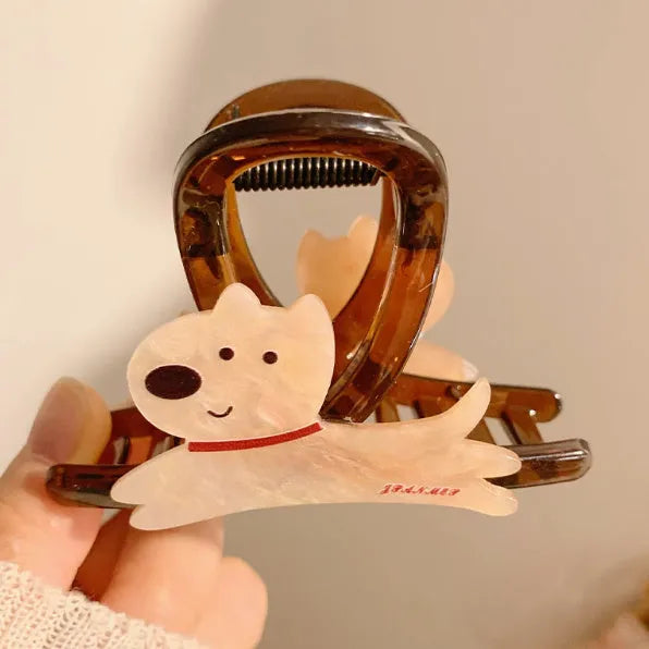 Cartoon puppy design hair barrettes in beige and brown colours, showing 13cm and 8cm size options