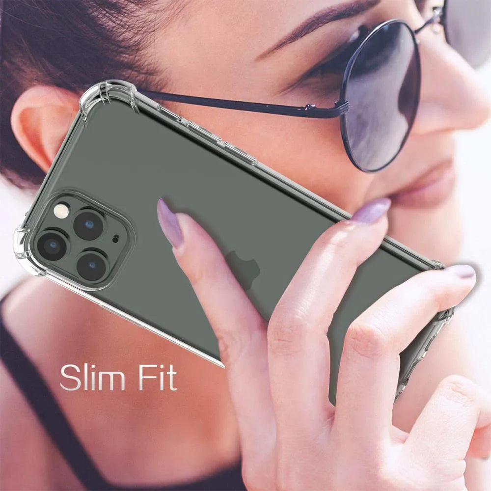 Clear transparent TPU shockproof phone case for Apple iPhone showing compatibility with multiple models