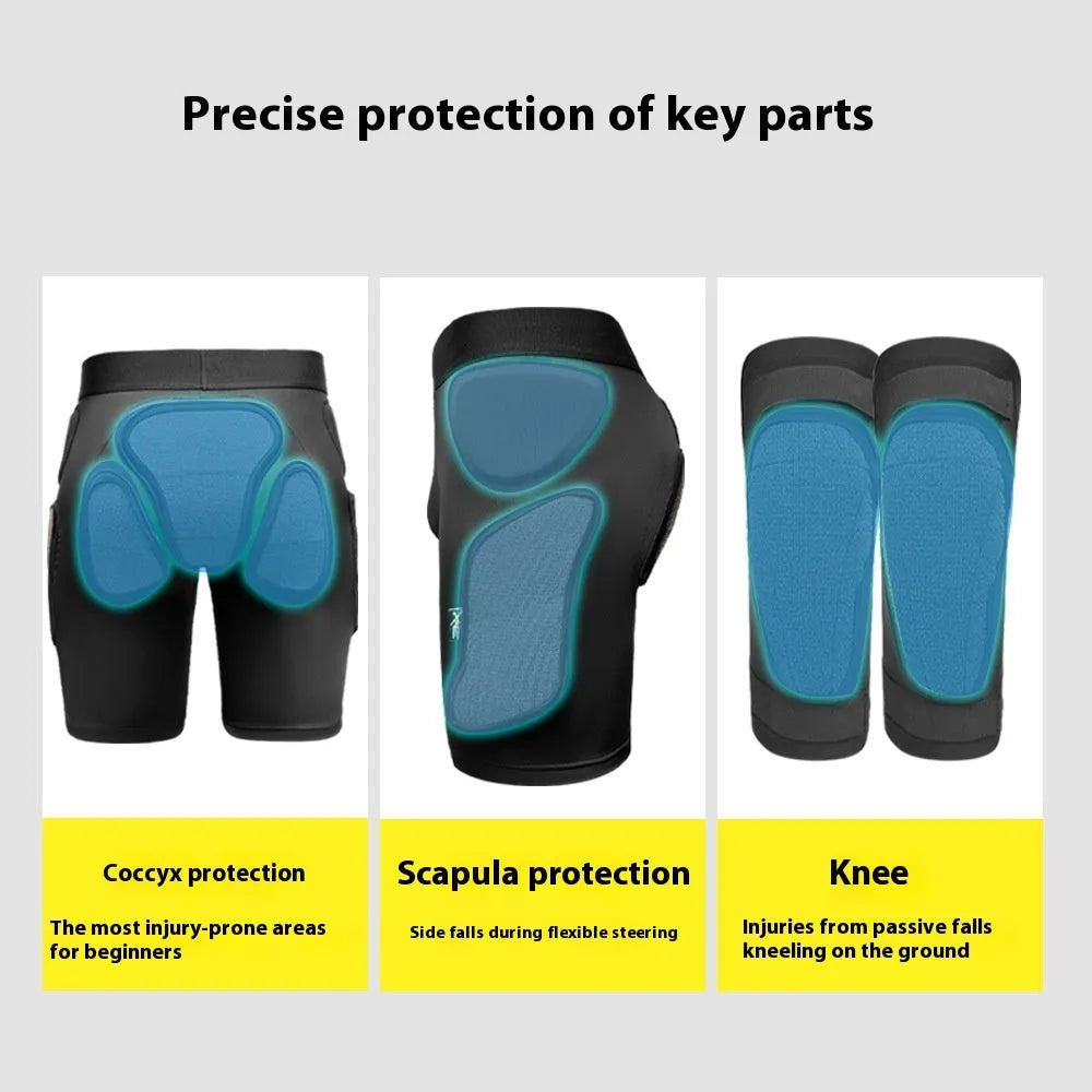 X-ray diffraction ski protective gear set showing slim hip pads and multi-protection knee pads for inner wear.