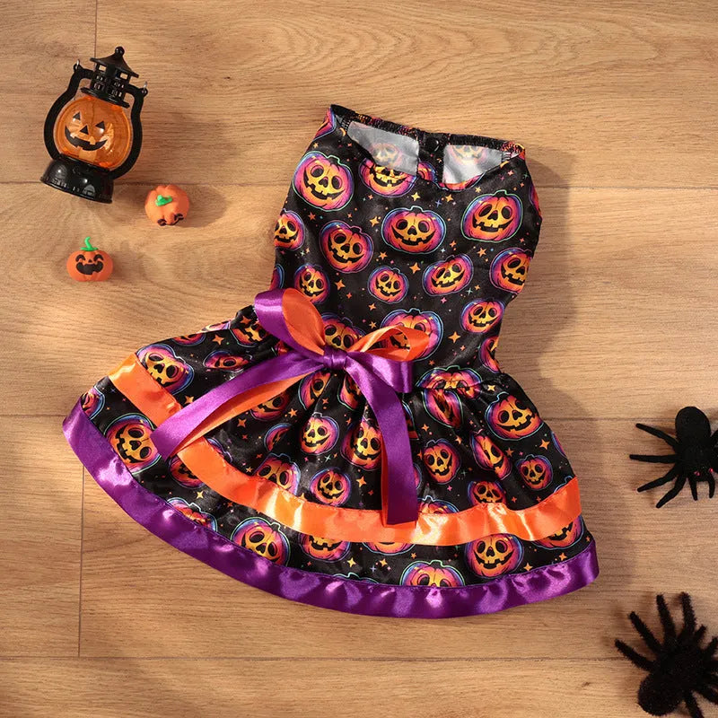Halloween dog costume skirt in colourful pumpkin or skull patterns with double-layer construction
