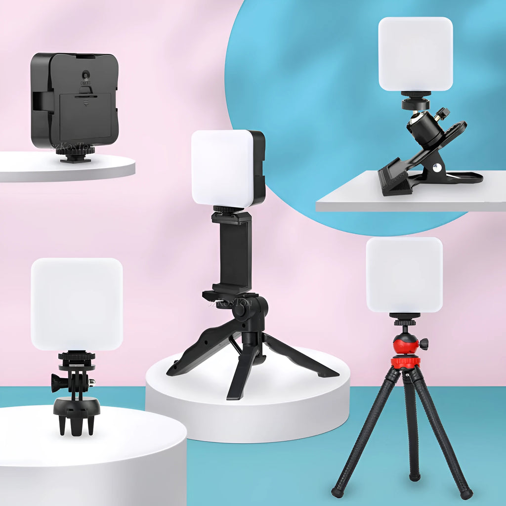 LED Mini Square Outdoor Pocket Light Tripod unit with adjustable flash head, shown with optional mounting accessories.