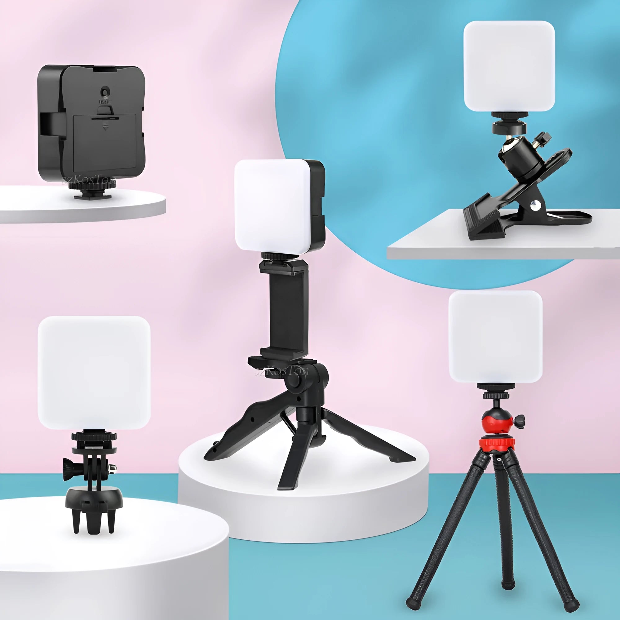 LED Mini Square Outdoor Pocket Light Tripod unit with adjustable flash head, shown with optional mounting accessories.