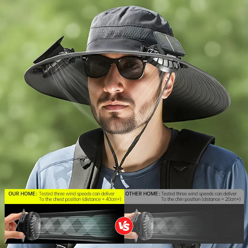 A beige solar-powered fan hat for men with a wide brim and a built-in fan on the front.