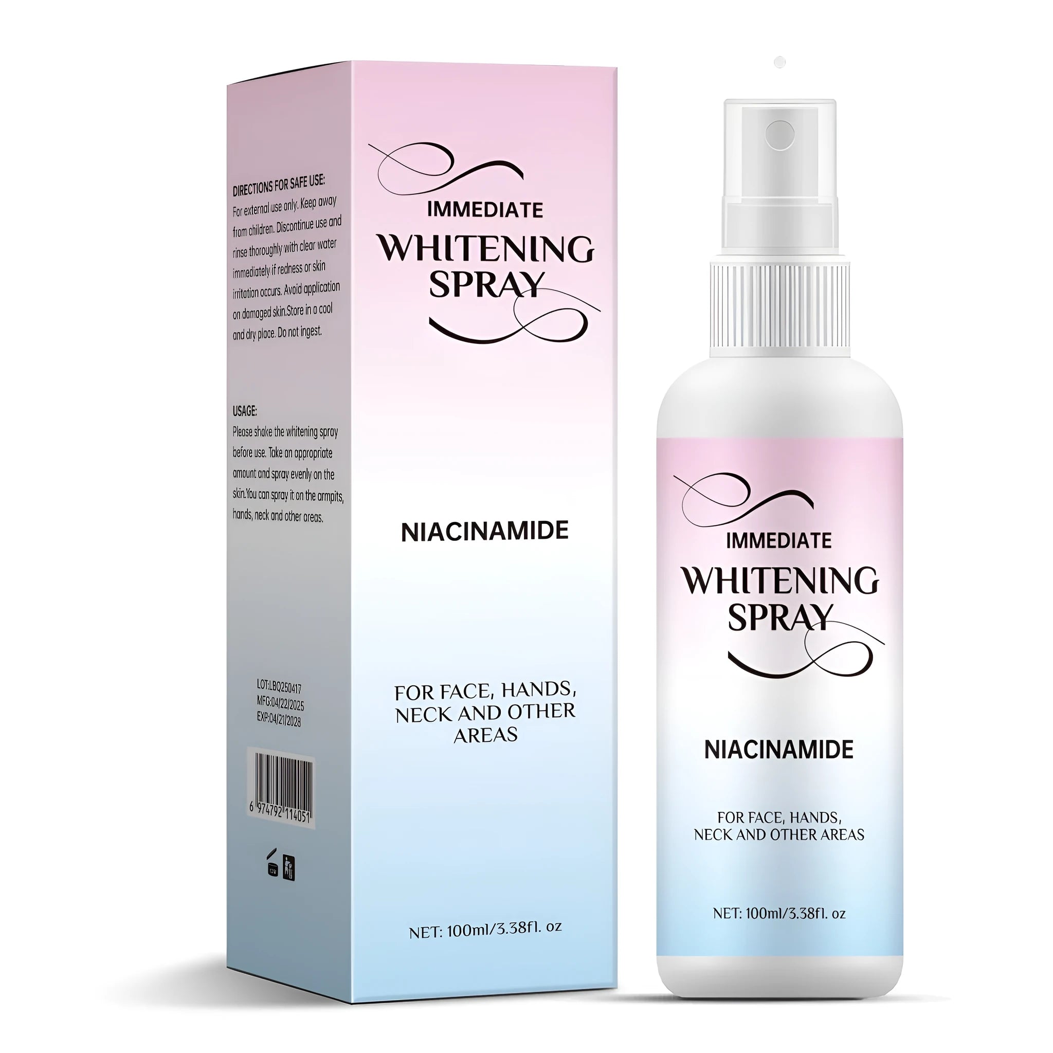 100ml bottle of whitening brightening spray with sweat-proof performance.