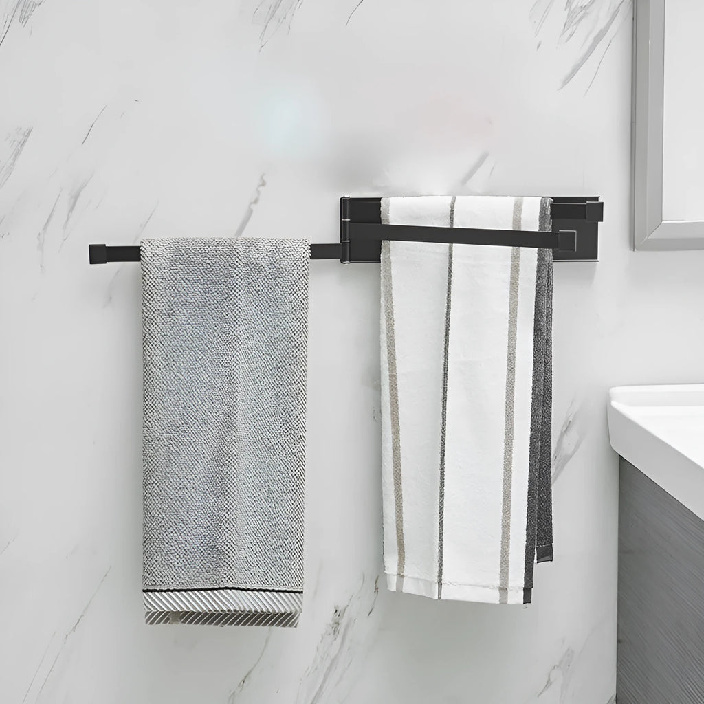 Black folding towel bar with adhesive installation for bathroom use