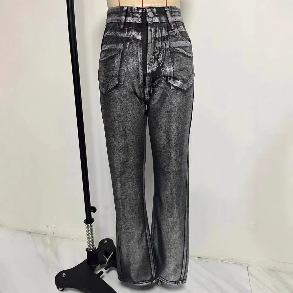 Women's washed blue high waist straight leg jeans with contrast detailing and street hipster style