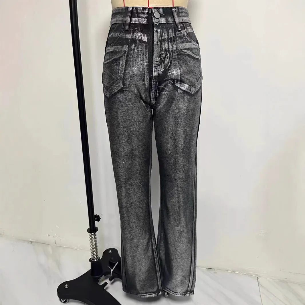 Women's washed blue high waist straight leg jeans with contrast detailing and street hipster style