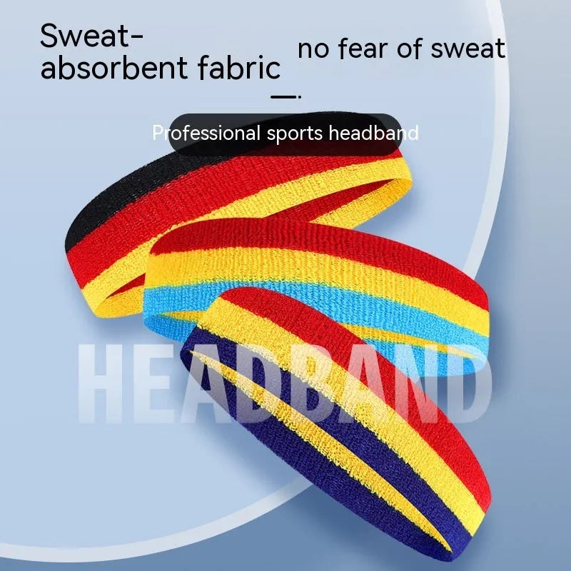 Colourful tri-colour sports headband for adults with stretch fabric measuring 5.5cm by 20cm