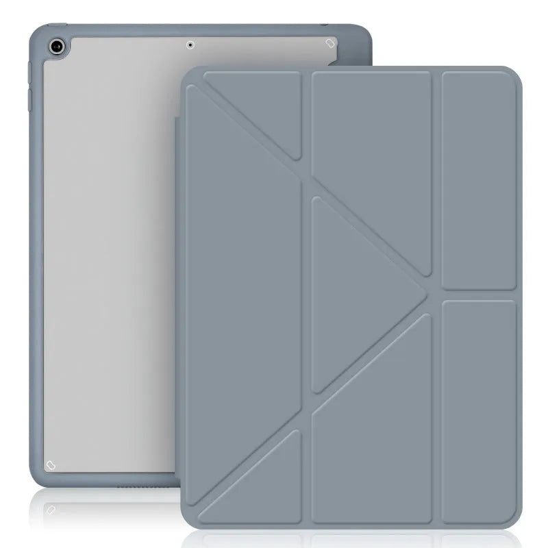 Apple iPad leather case with Y-folding acrylic cover, built-in pen slot, and bracket stand in dark grey colour