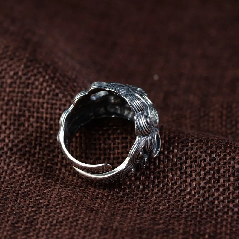 Silver open style ring with retro animal zodiac pattern and adjustable band for unisex wear