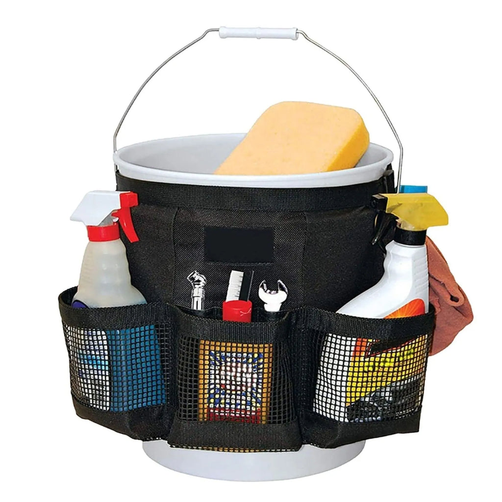 Black cylindrical polyester storage bag hanging from the rim of a 5-gallon barrel.