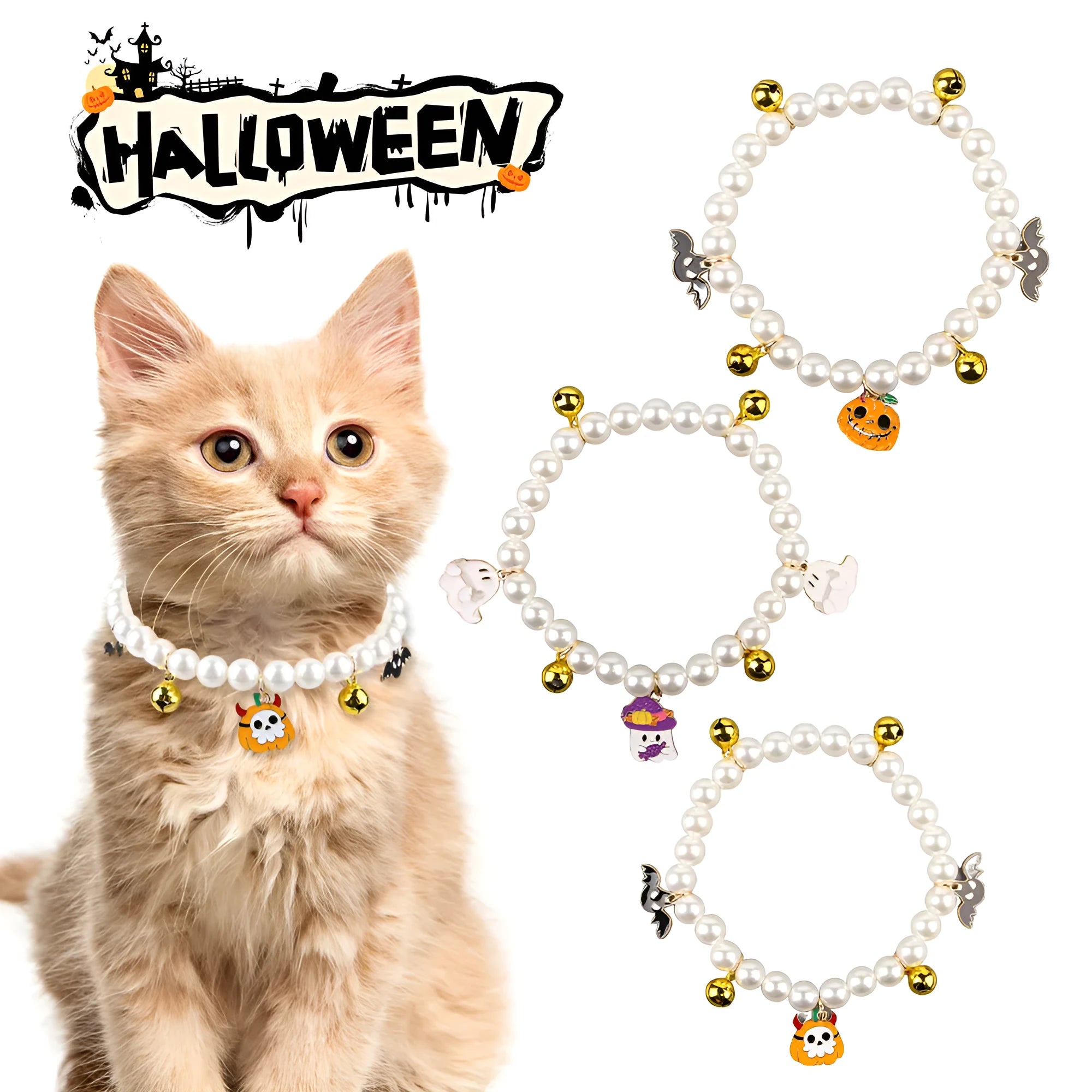 Purple Halloween cat collar with simulated pearl necklace decoration showing pumpkin designs
