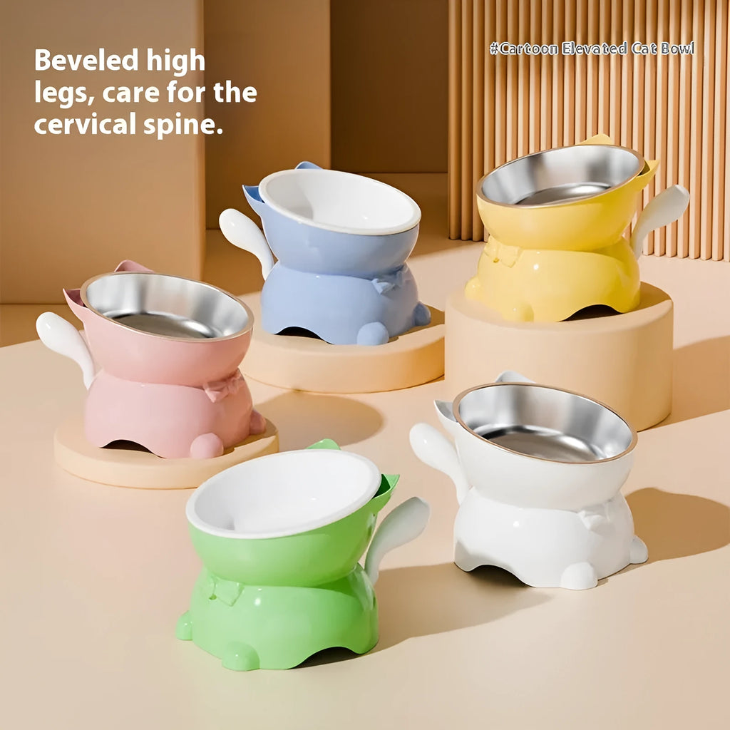Stainless steel slanted anti-fall cat bowl in yellow on a non-slip base.