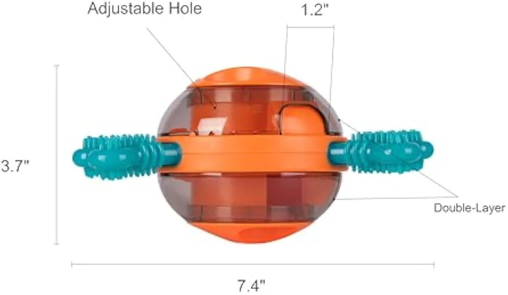 Blue interactive dog puzzle feeder with rubber bones, shown next to a small puppy