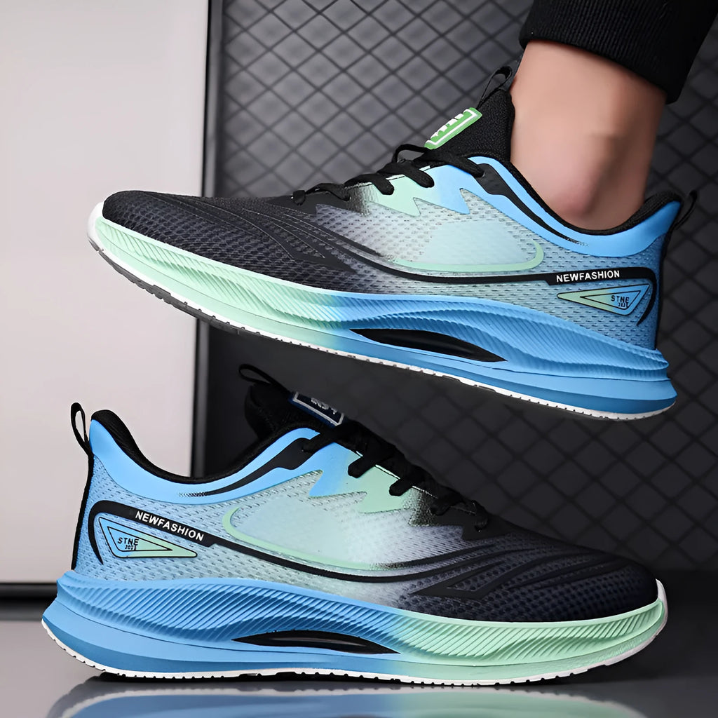 Men's low-top casual shoes in gray green with woven mesh upper and rubber platform sole.