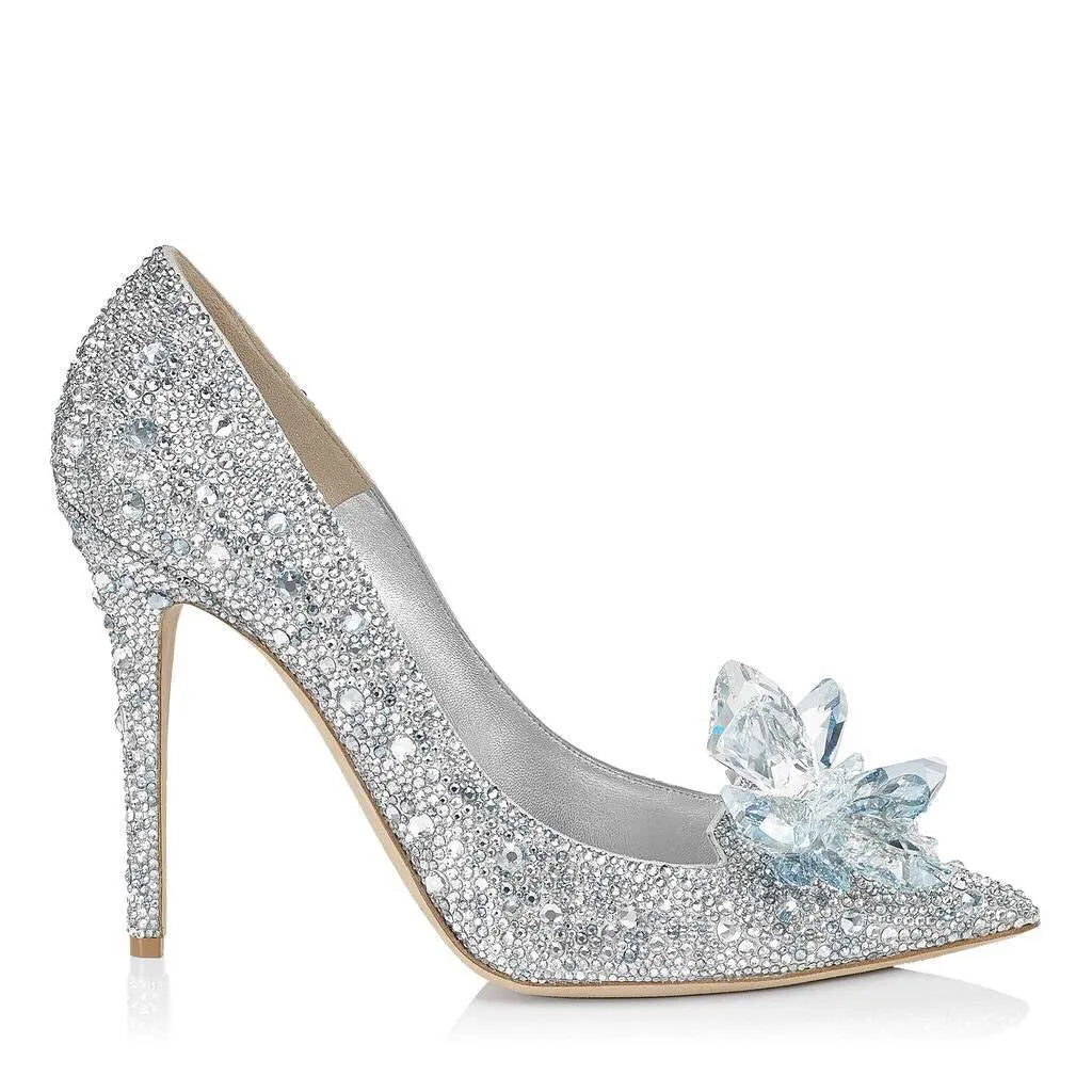 Women's gold pointed toe high heels with rhinestone decoration and stiletto heel