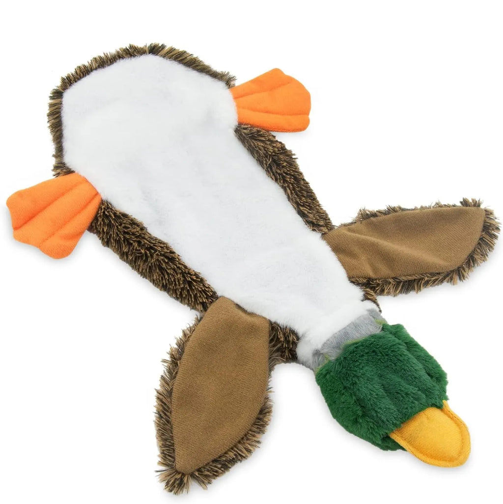 Green wild duck stuffless dog toy with squeakers and bottle cavity opening