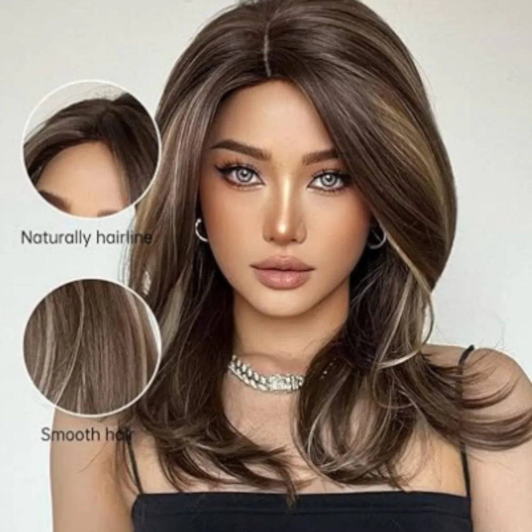 Mid-length curly full-head wig in a platinum gradient colour on a mannequin head.