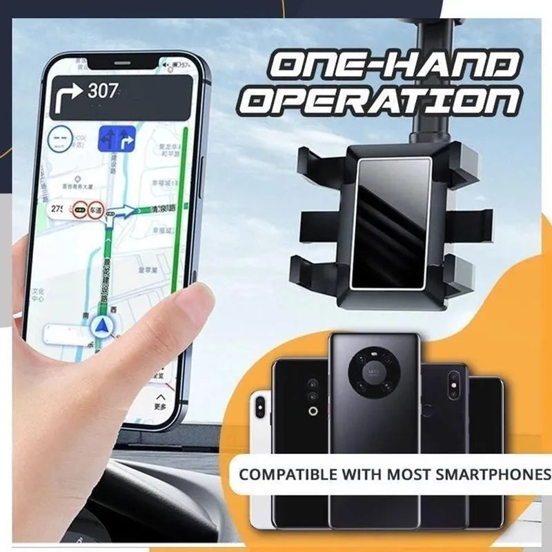 Black rearview mirror car phone holder with rotating head and telescopic arm extended