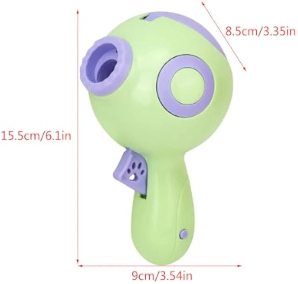 Green, orange, and pink coloured interactive dog treat launcher and food dispenser toy.