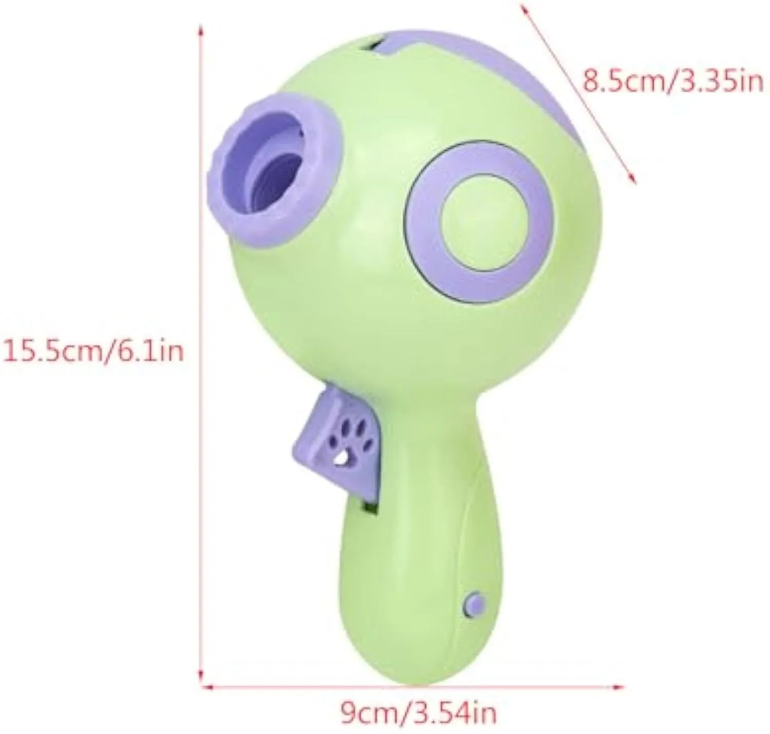 Green, orange, and pink coloured interactive dog treat launcher and food dispenser toy.