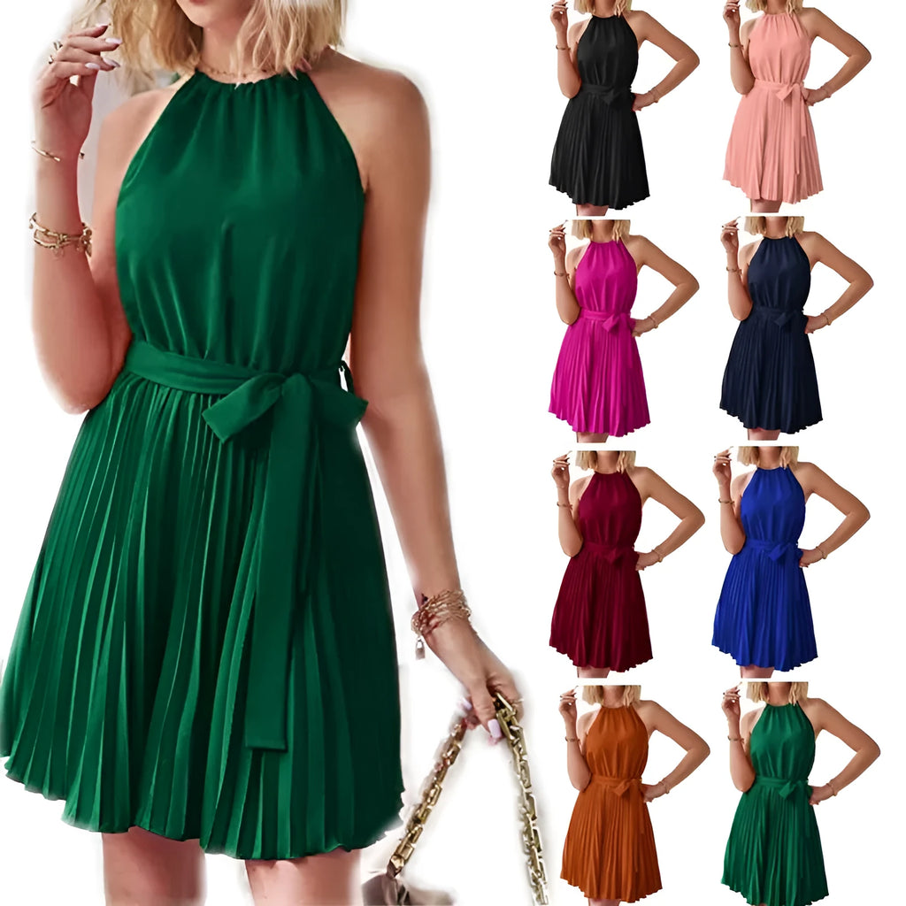 Women's black chiffon halter strapless dress with pleated skirt and adjustable waist