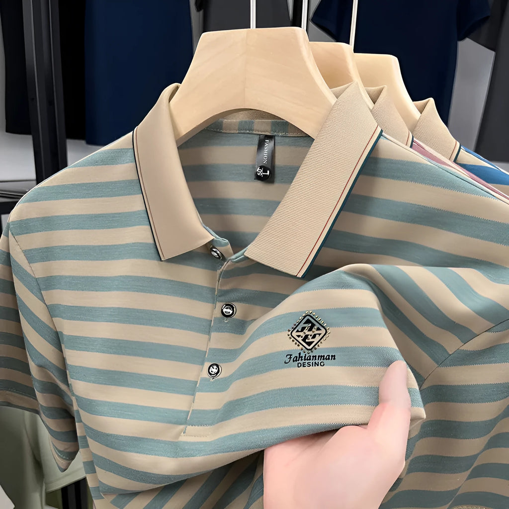 Men's striped casual short sleeve t-shirt in mosaic pattern available in red, blue, or green colours