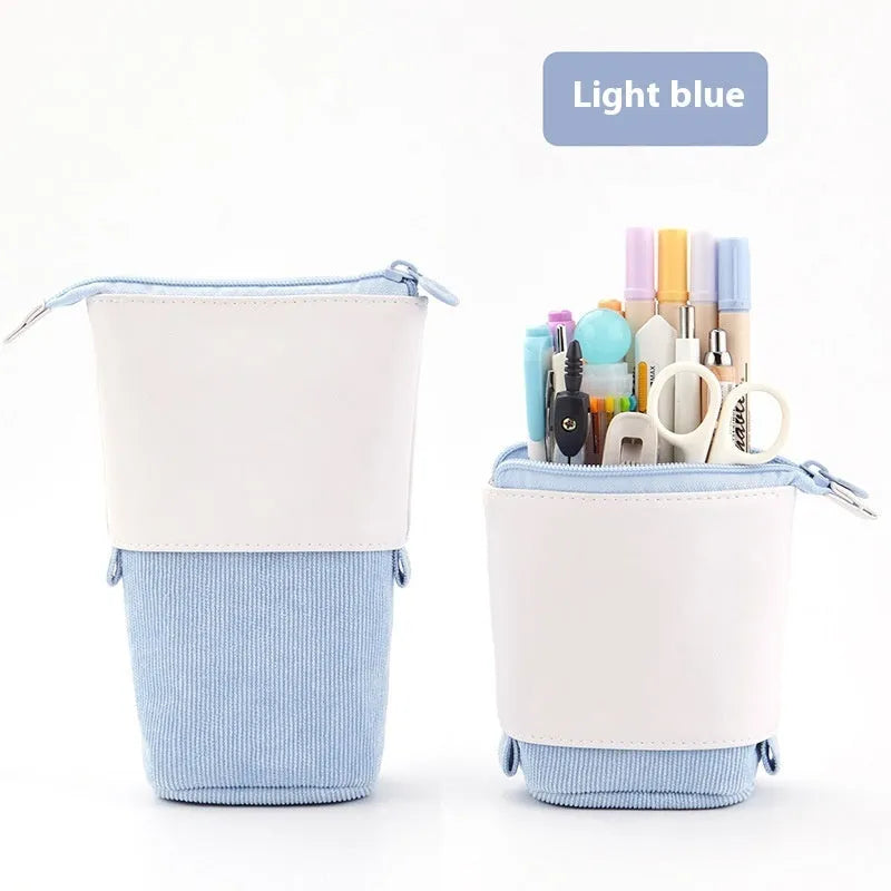 Korean-style telescopic drop-down stationery case in purple PU corduroy fabric.