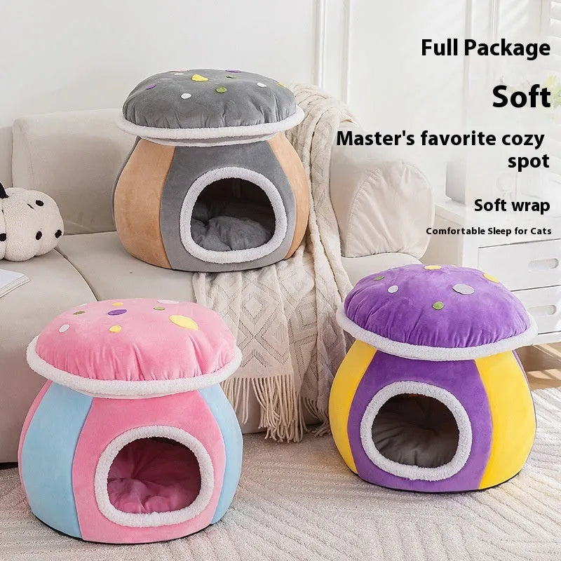 Grey mushroom-shaped plush cat bed for winter, shown with detachable parts and labelled S, L, XL size options.