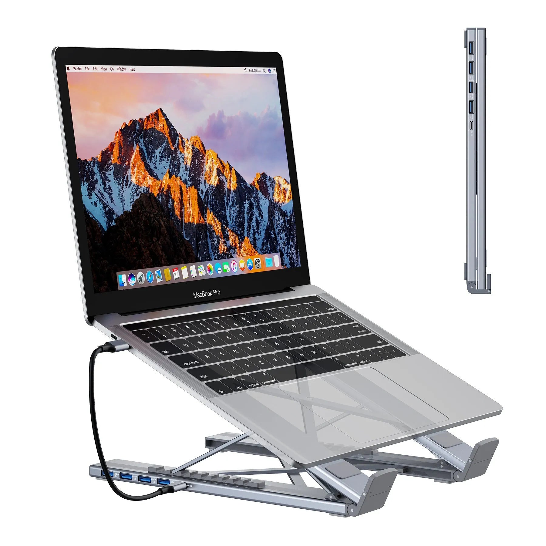 Aluminium alloy folding 8-in-1 docking station with laptop stand function