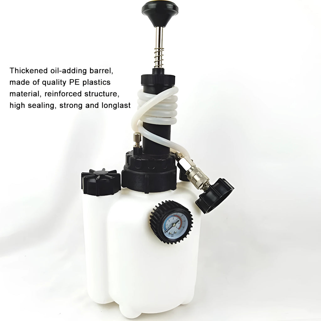 White 3-litre brake fluid bleeder kit with copper fittings and iron pump for car maintenance.
