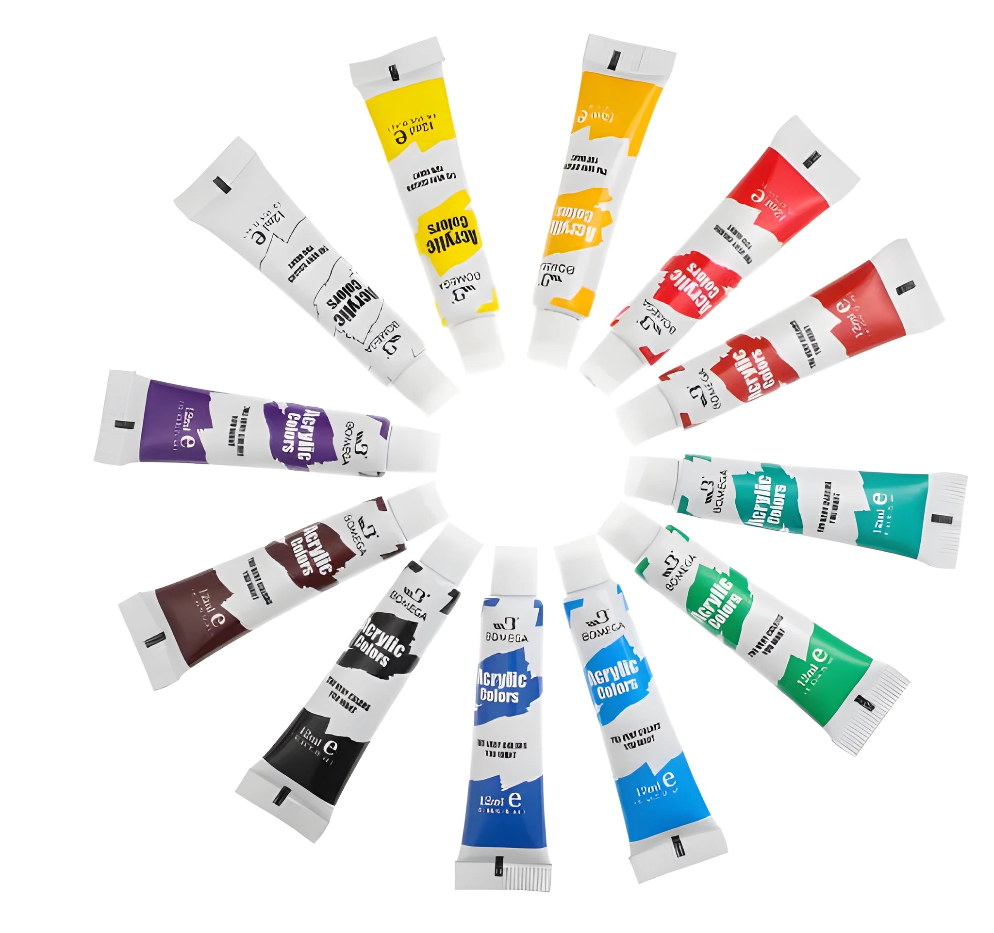 Set of 12-colour paint tubes for acrylic, gouache, watercolour, oil, glass, and textile painting organised in strips.