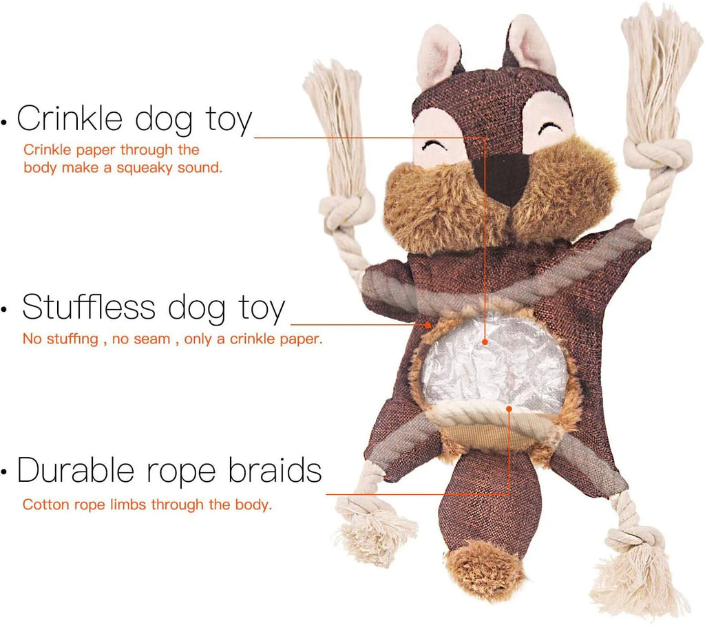 Brown fox-shaped plush dog toy with embroidered eyes, cotton rope limbs, and squeaker crinkle features.