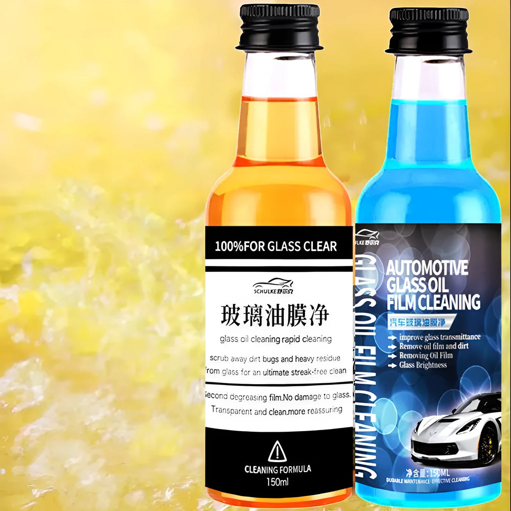 Yellow and blue 150ml bottles of car glass oil film remover cleaner