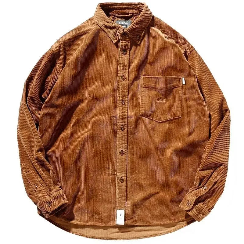 Loose fit corduroy long sleeve shirt in caramel colour, cardigan style with button front