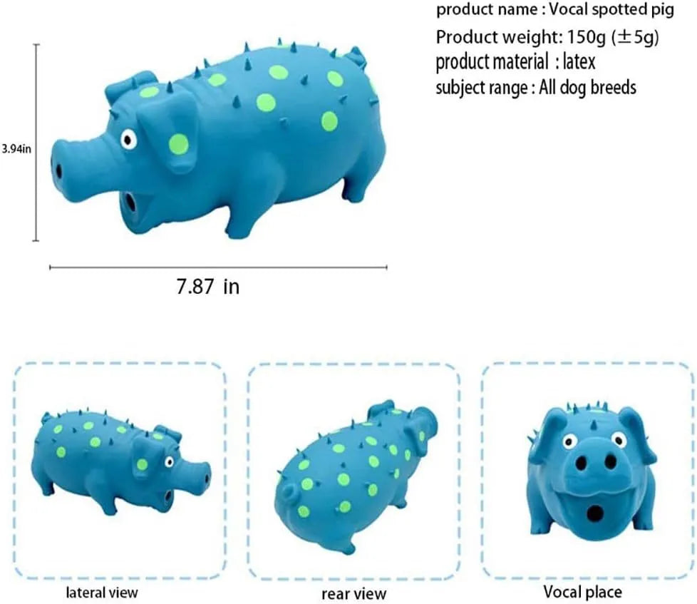 Blue latex squeaky pig dog chew toy measuring 20x10cm with textured surface