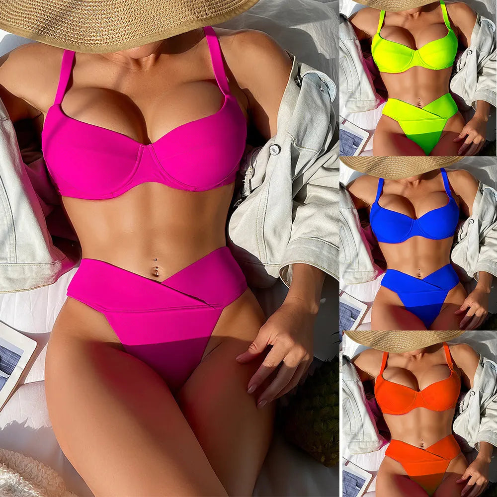 Women's solid colour fluorescent bikini set in briefs style for swimming.