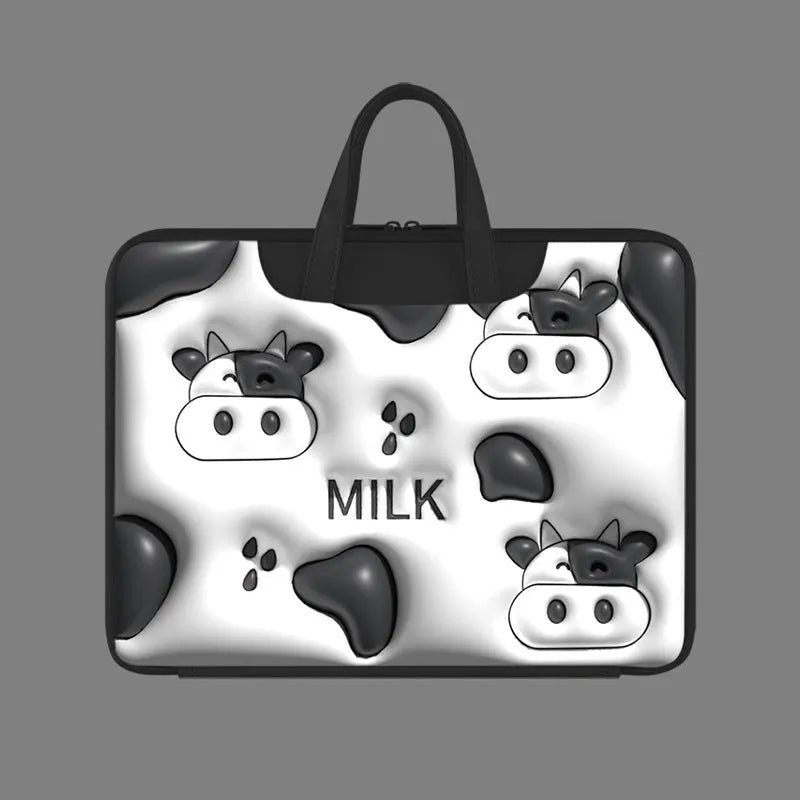 Inflatable laptop bag in a cute panda design with a strap for attaching to a suitcase handle.