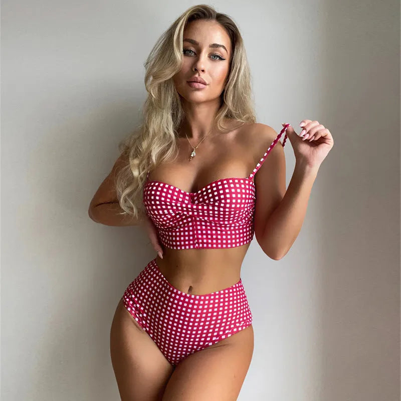 Women's rose red plaid high-waist bikini swimsuit with split briefs on a mannequin.