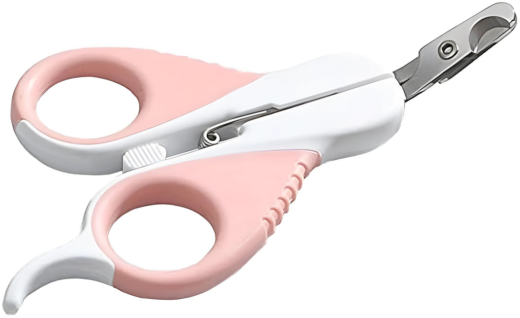Grey and pink handled cat nail clippers with angled stainless steel blade and safety lock.