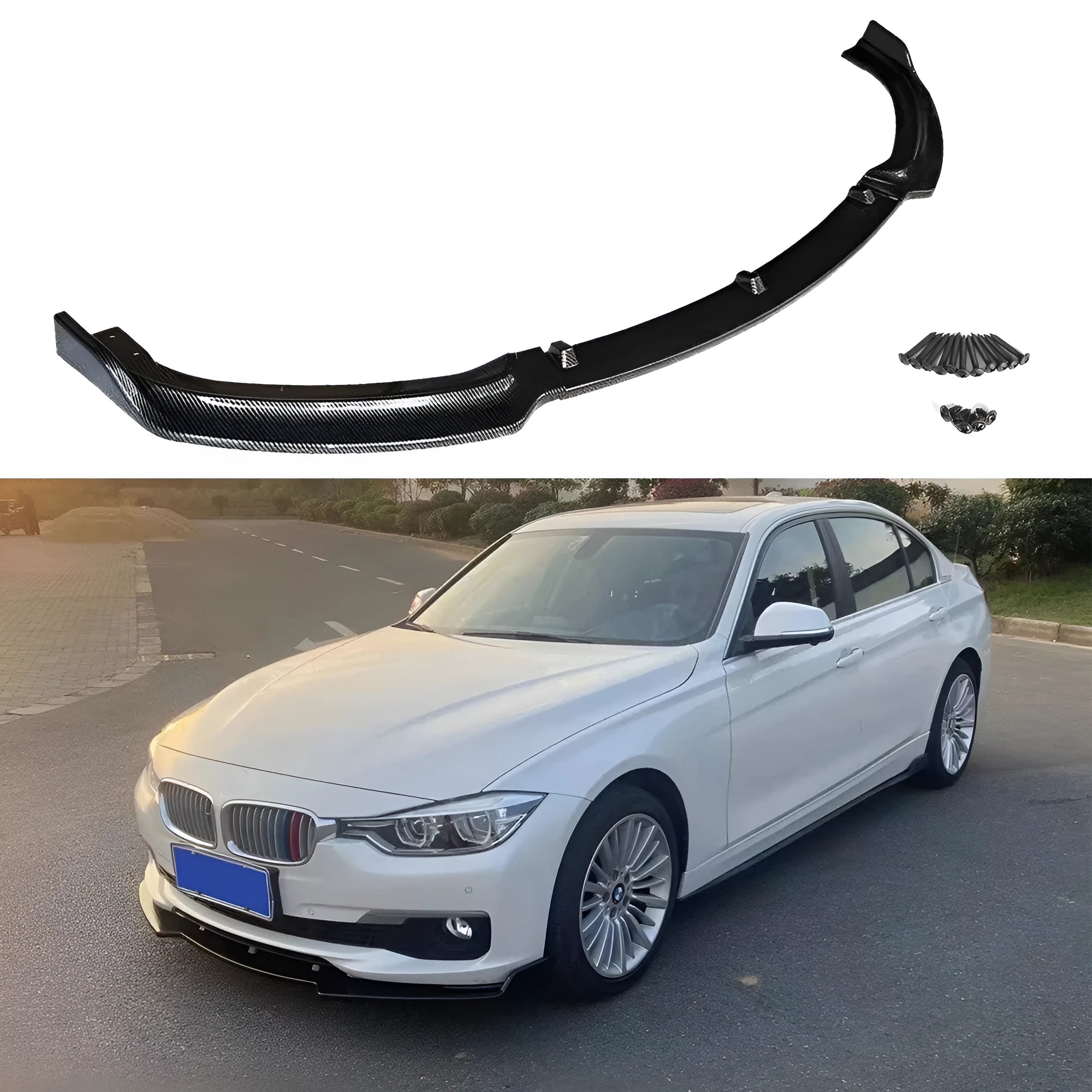 Gloss black front bumper lip spoiler for BMW 3 Series F30 F35 models, showing its curved shape and dimensions.