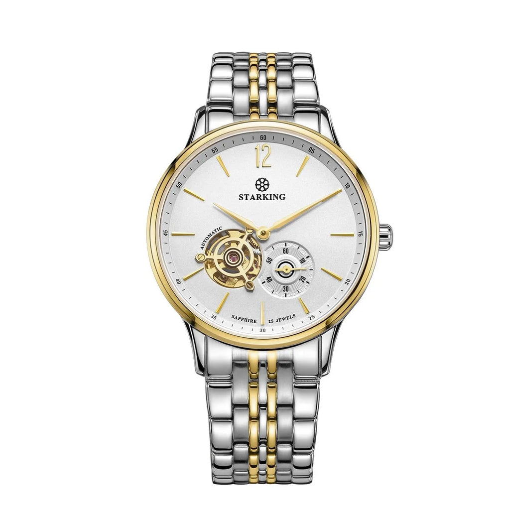 Men's steel and brown leather automatic business watch with hollow dial on white background