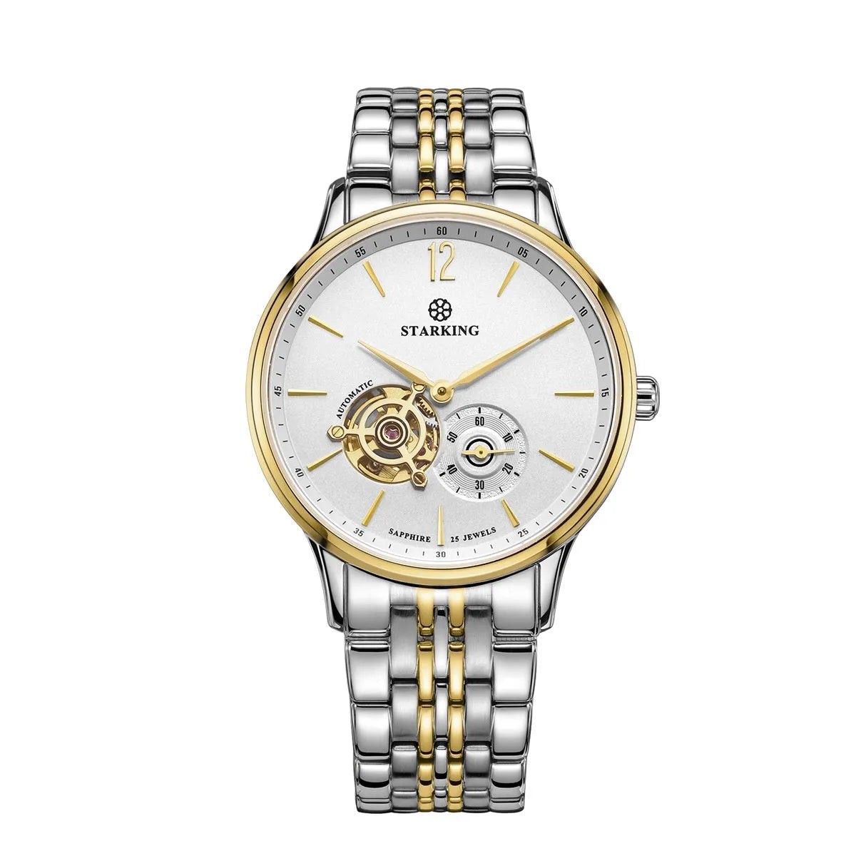 Men's steel and brown leather automatic business watch with hollow dial on white background
