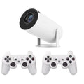 White Barrel X10 PLUS portable smart projector with remote control and gamepad on table