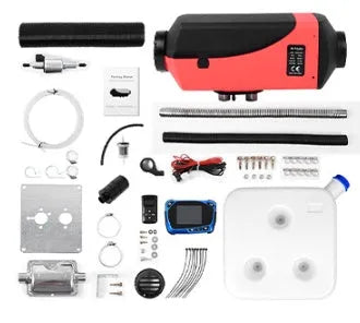 Red and black diesel air heater unit with fuel tank, exhaust pipe and installation components for vehicles.