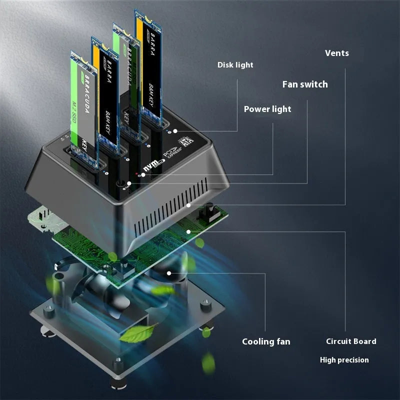 M2 dual protocol SSD base enclosure with aluminium alloy housing measuring 90x78x34mm