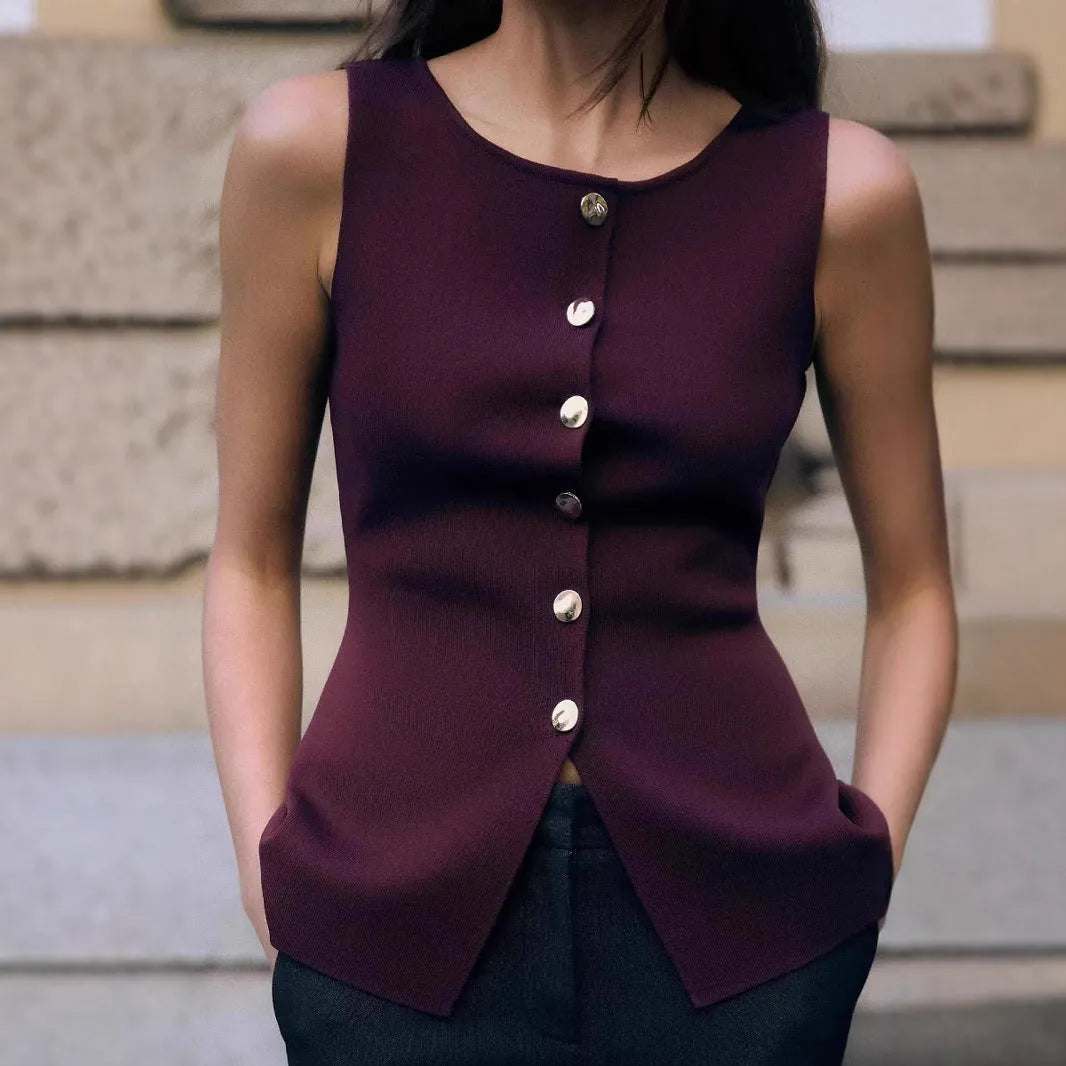 Women's slim fit gold button cardigan vest in viscose fibre, available dark red or white
